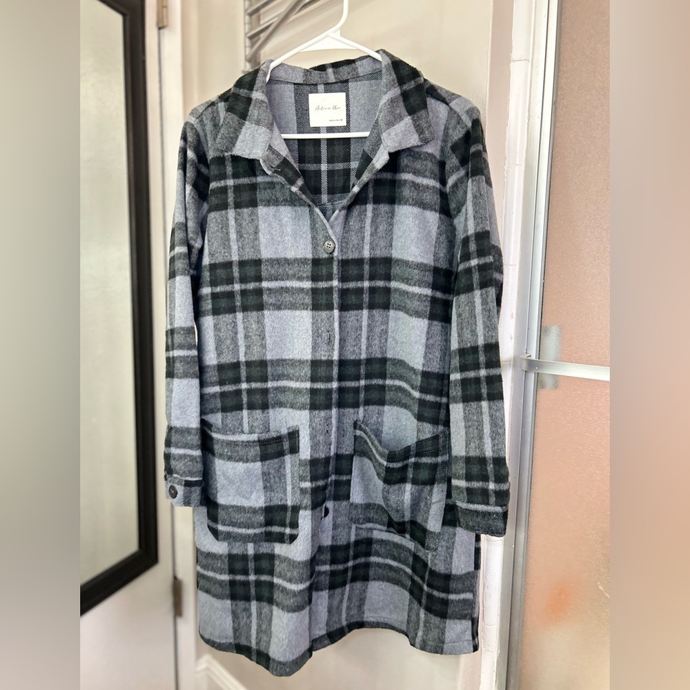 Elegant Gray and Green Plaid Trench Coat